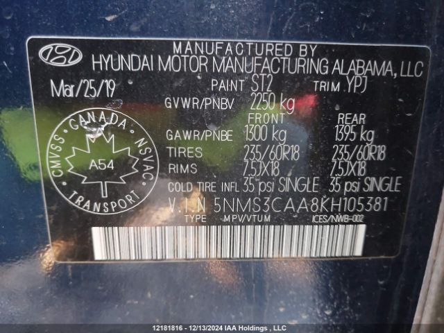 5NMS3CAA8KH105381 Hyundai t-gdi theta ii
