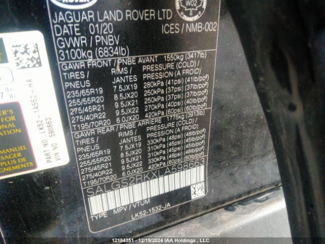 SALGS2RKXLA598663 Land Rover Range Rover Hse
