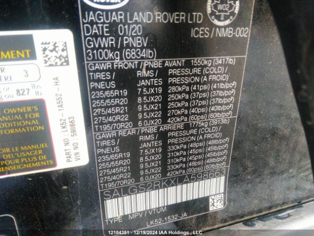 SALGS2RKXLA598663 Land Rover Range Rover Hse