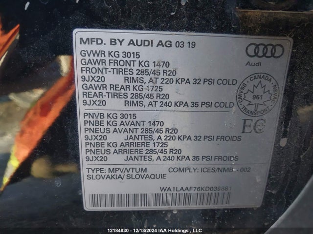 WA1LAAF76KD039881 Audi Q7