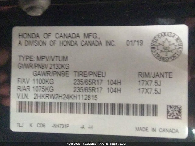 2HKRW2H24KH112815 Honda k24w9/k24v9