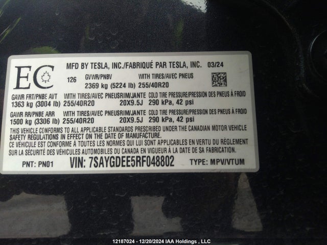 7SAYGDEE5RF048802 Tesla Model Y