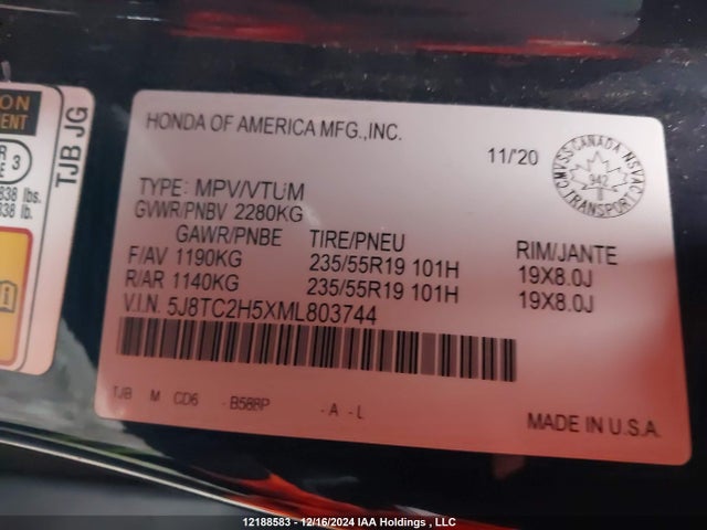 Acura k20c4 2021 5J8TC2H5XML803744 Image 9