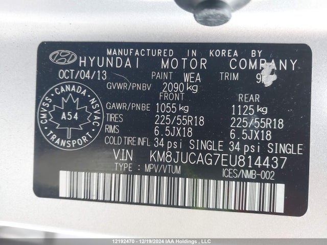 KM8JUCAG7EU814437 Hyundai gdi theta ii