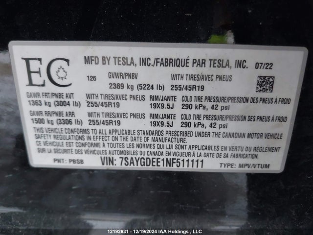 7SAYGDEE1NF511111 Tesla Model Y