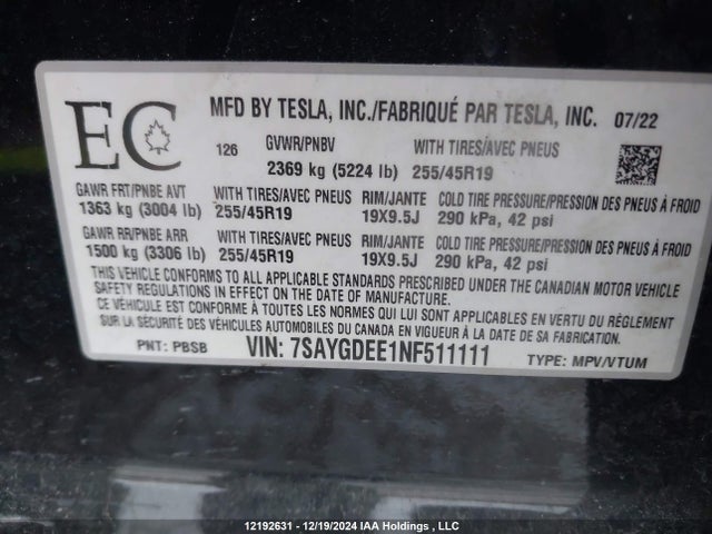 7SAYGDEE1NF511111 Tesla Model Y