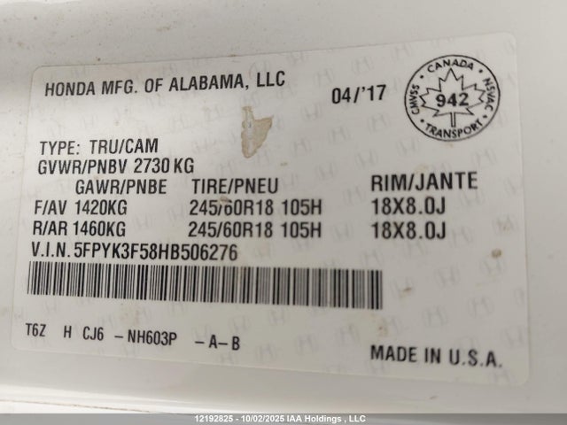 Honda j35y6 2017 5FPYK3F58HB506276 Image 9