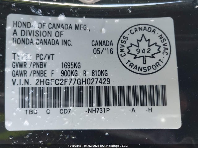 Honda k20c2 2016 2HGFC2F77GH027429 Image 9