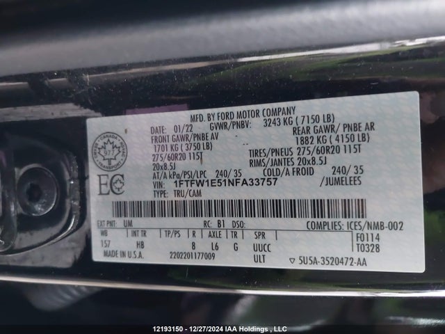 2022 Ford F-150 Lariat მანქანა იყიდება აუქციონზე, vin: 1FTFW1E51NFA33757, აუქციონის ნომერი: 12193150