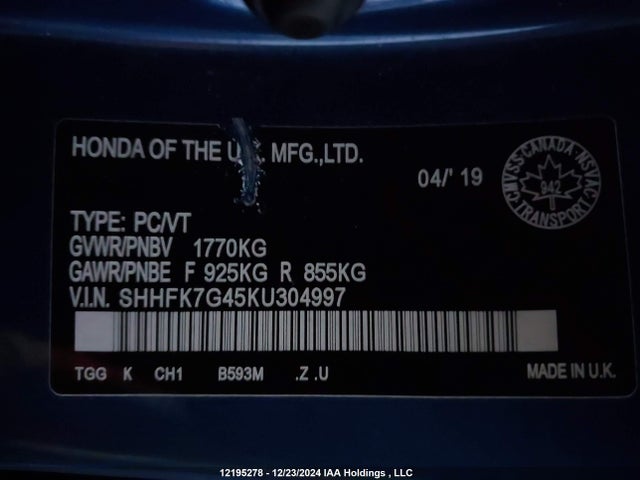SHHFK7G45KU304997 Honda l15ba