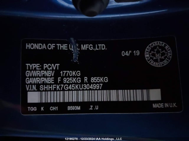 SHHFK7G45KU304997 Honda l15ba