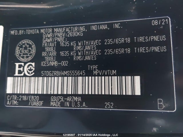 5TDGZRBH4MS555645 Toyota 2gr-fks