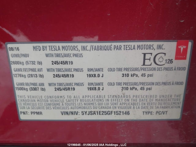 5YJSA1E25GF152146 Tesla 3 phase a/c induction (dual motor)