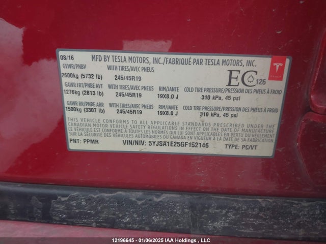 5YJSA1E25GF152146 Tesla 3 phase a/c induction (dual motor)