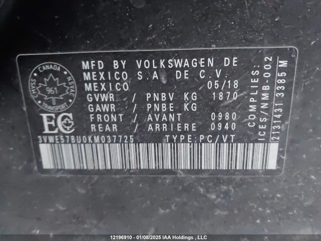 3VWE57BU0KM037725 Volkswagen 1.8 tsi