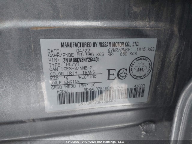 3N1AB8CV3NY264401 Nissan Sentra