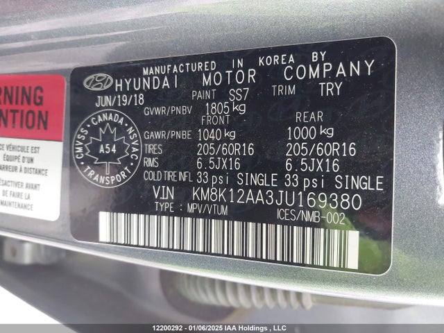 KM8K12AA3JU169380 Hyundai Kona 2.0l Essential