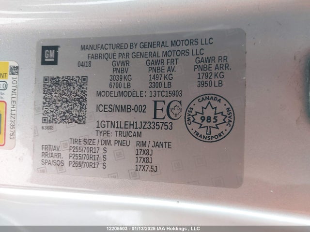 1GTN1LEH1JZ335753 GMC lv3 - sidi: spark ignited direct injection, vvt: variable valve timing, e85 max, alum, gen 5