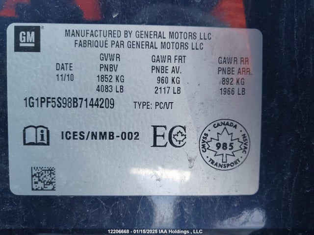 Aukcja sprzedaży 2011 Chevrolet Cruze, vin: 1G1PF5S98B7144209, numer aukcji: 12206668