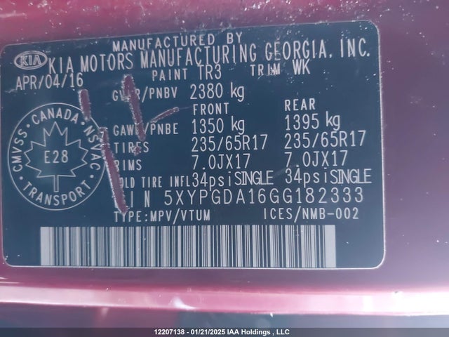 5XYPGDA16GG182333 KIA dohc t-gdi theta ii