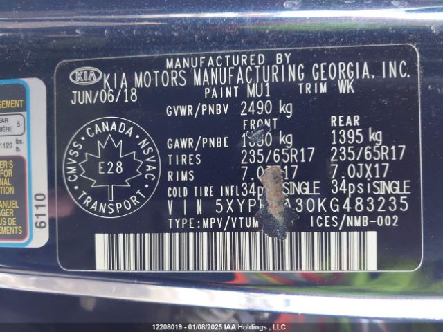 5XYPHDA30KG483235 KIA Sorento Ex/ex Sport