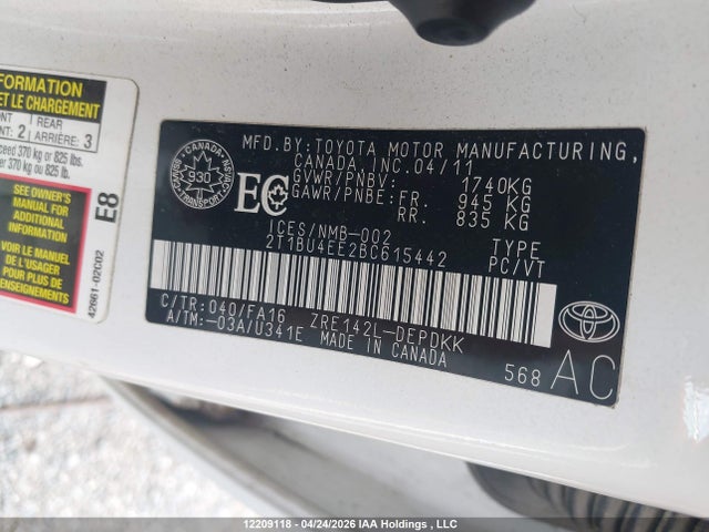 12209118 :رقم المزاد ، 2T1BU4EE2BC615442 vin ، 2011 Toyota Corolla S/le مزاد بيع