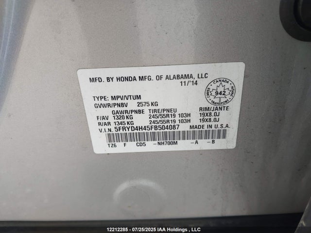Acura j35y5 2015 5FRYD4H45FB504087 Image 18