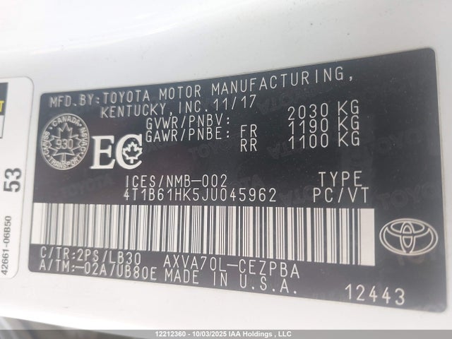 4T1B61HK5JU045962 Toyota a25a-fks
