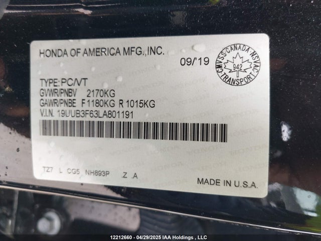 19UUB3F63LA801191 Acura j35y6