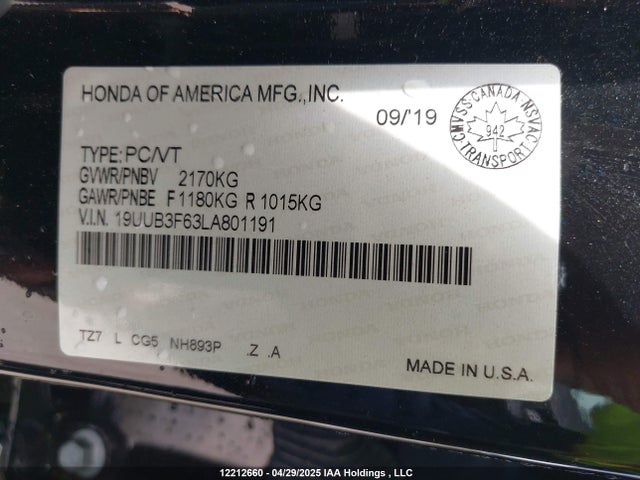 Acura j35y6 2020 19UUB3F63LA801191 Image 9