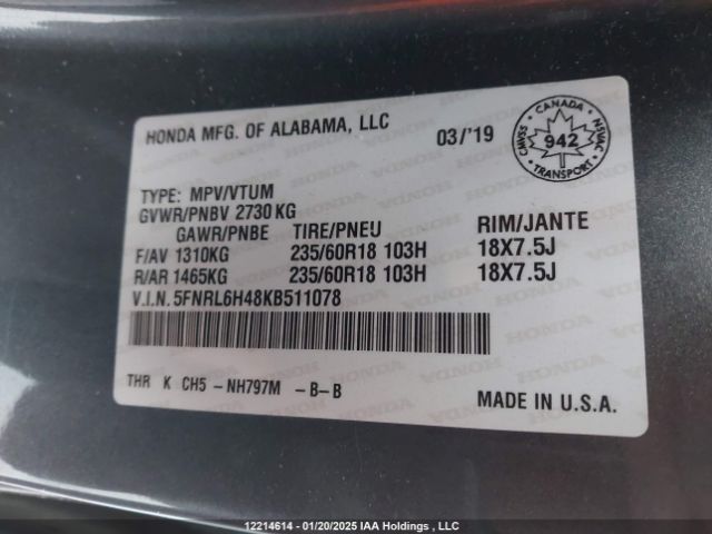 5FNRL6H48KB511078 Honda ODYSSEY EX