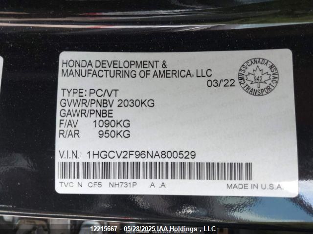 1HGCV2F96NA800529 Honda k20c4