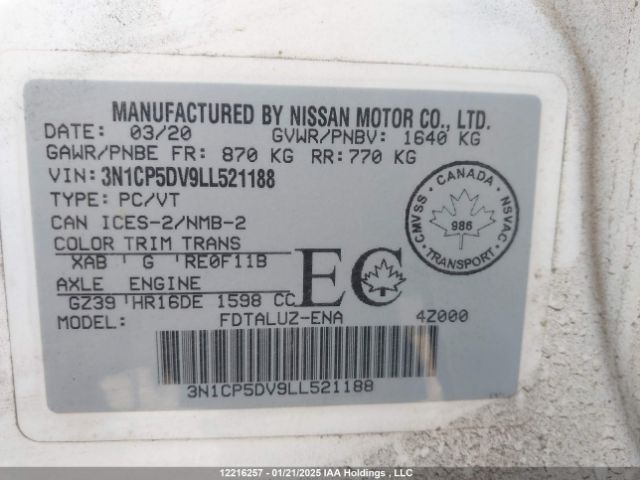 3N1CP5DV9LL521188 Nissan KICKS SR