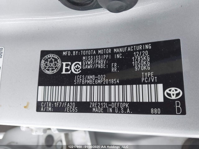 12217958 :رقم المزاد ، 5YFBPMBE6MP201854 vin ، 2021 Toyota Corolla L مزاد بيع