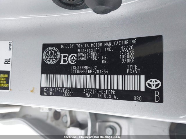 12217958 :رقم المزاد ، 5YFBPMBE6MP201854 vin ، 2021 Toyota Corolla L مزاد بيع