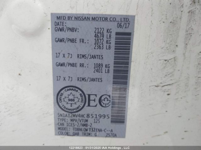 5N1AT2MV4HC851995 Nissan Rogue Sv/sl