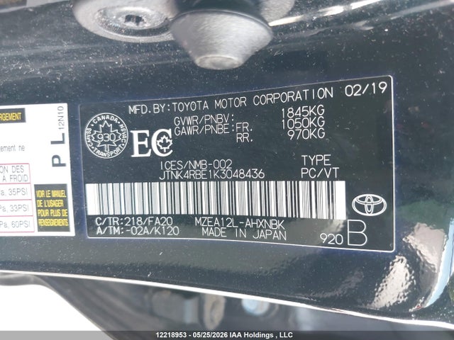 12218953 :رقم المزاد ، JTNK4RBE1K3048436 vin ، 2019 Toyota Corolla مزاد بيع