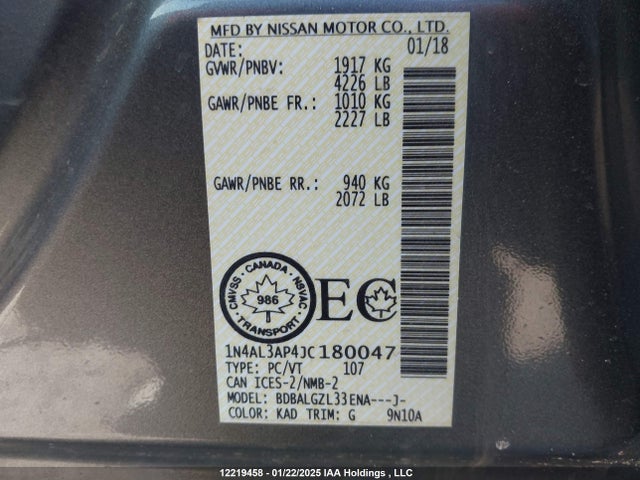 1N4AL3AP4JC180047 Nissan Altima 2.5/s/sv/sl/sr