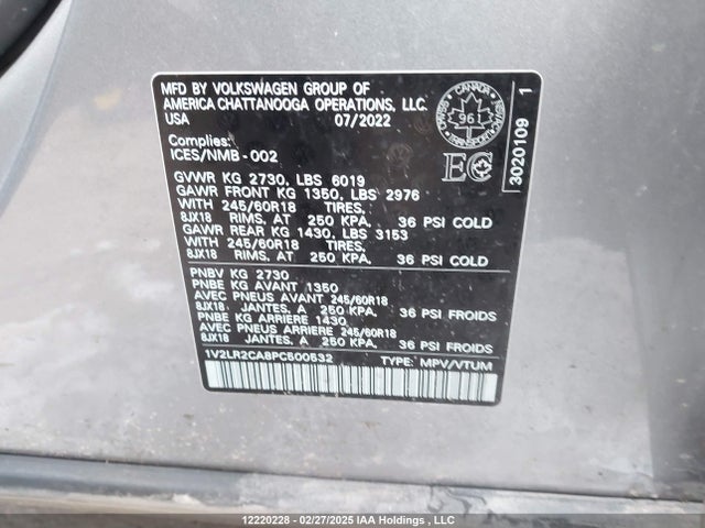 2023 Volkswagen Atlas Comfortline მანქანა იყიდება აუქციონზე, vin: 1V2LR2CA8PC500532, აუქციონის ნომერი: 12220228