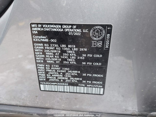 2023 Volkswagen Atlas Comfortline მანქანა იყიდება აუქციონზე, vin: 1V2LR2CA8PC500532, აუქციონის ნომერი: 12220228