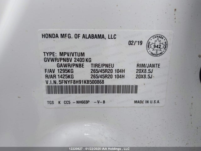 5FNYF8H91KB500868 Honda j35y6