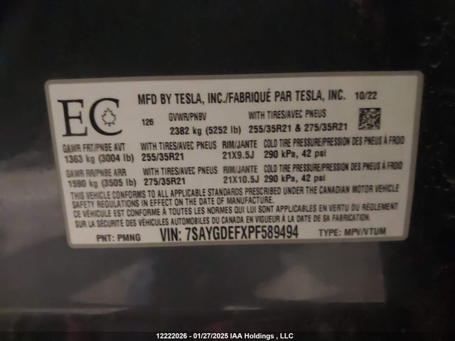 7SAYGDEFXPF589494 Tesla Model Y