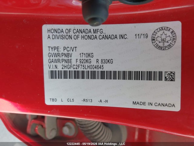 12222445 :رقم المزاد ، 2HGFC2F75LH004645 vin ، 2020 Honda Civic Ex مزاد بيع