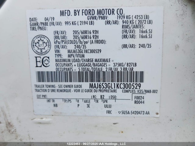 MAJ6S3GL1KC300529 Ford Ecosport