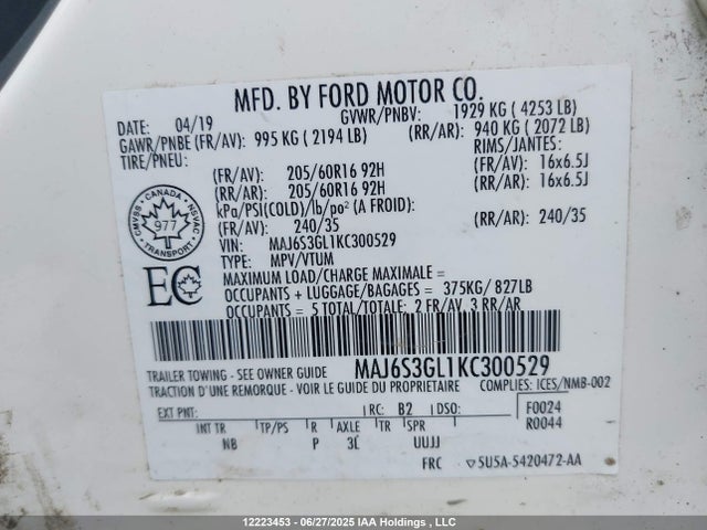 MAJ6S3GL1KC300529 Ford Ecosport