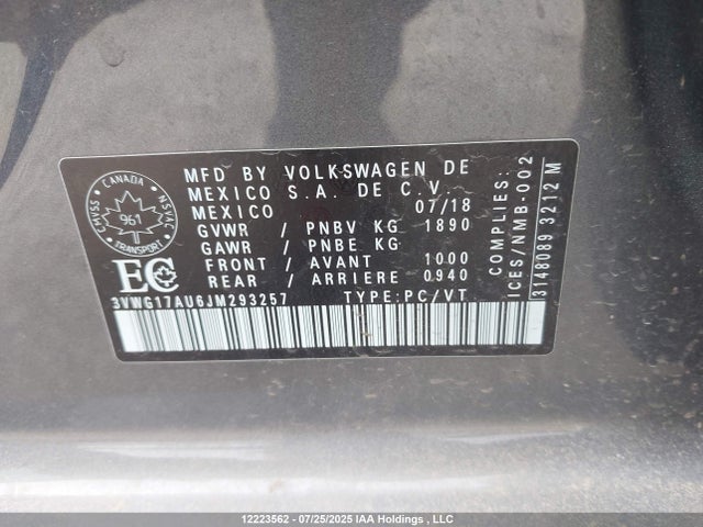 3VWG17AU6JM293257 Volkswagen Golf