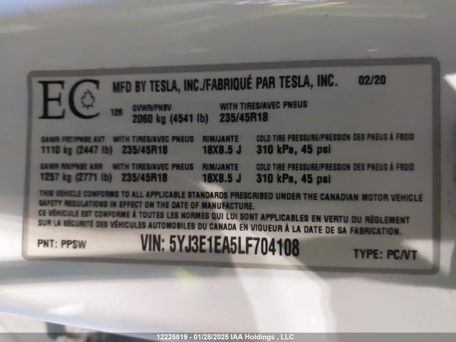 5YJ3E1EA5LF704108 Tesla MODEL 3