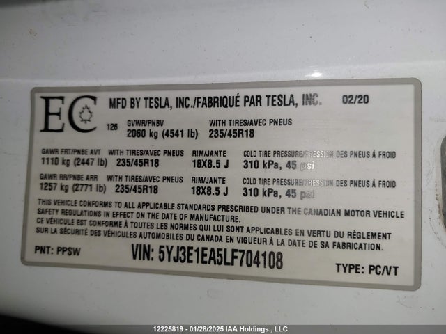 5YJ3E1EA5LF704108 Tesla MODEL 3