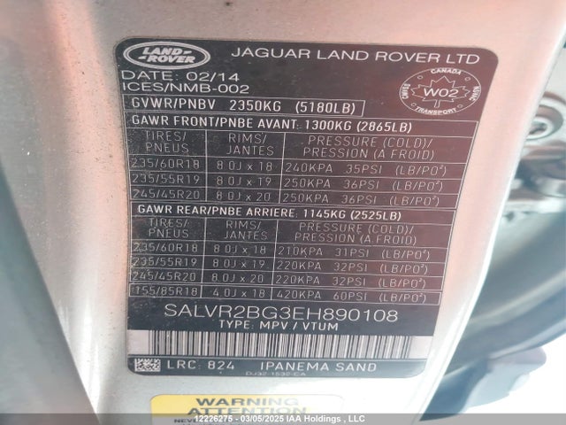Land Rover 2014 2014 SALVR2BG3EH890108 Image 9