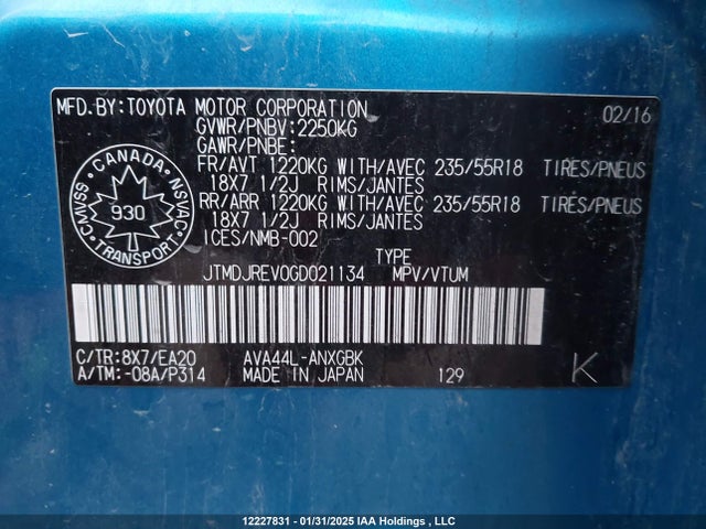 JTMDJREV0GD021134 Toyota 2ar-fxe, 2jm+2fm
